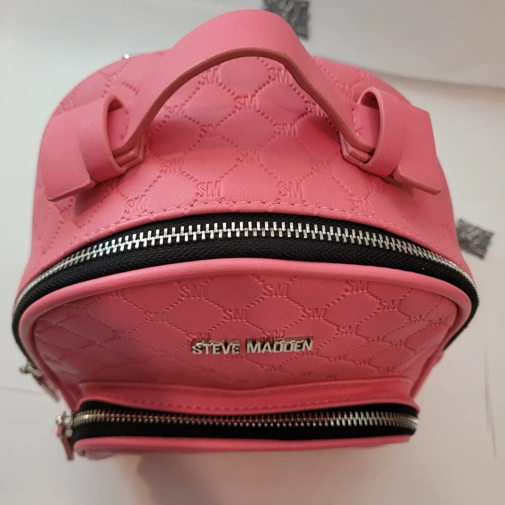 Steve‎ Madden Mini Backpack Women Pink Quilted Monogram Logo Embossed Small Bag